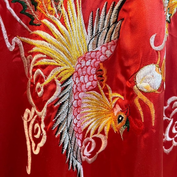 Vintage Dragon Phoenix Embroidered Kimono Robe Red Satin Asian Lounge OS - Picture 5 of 10
